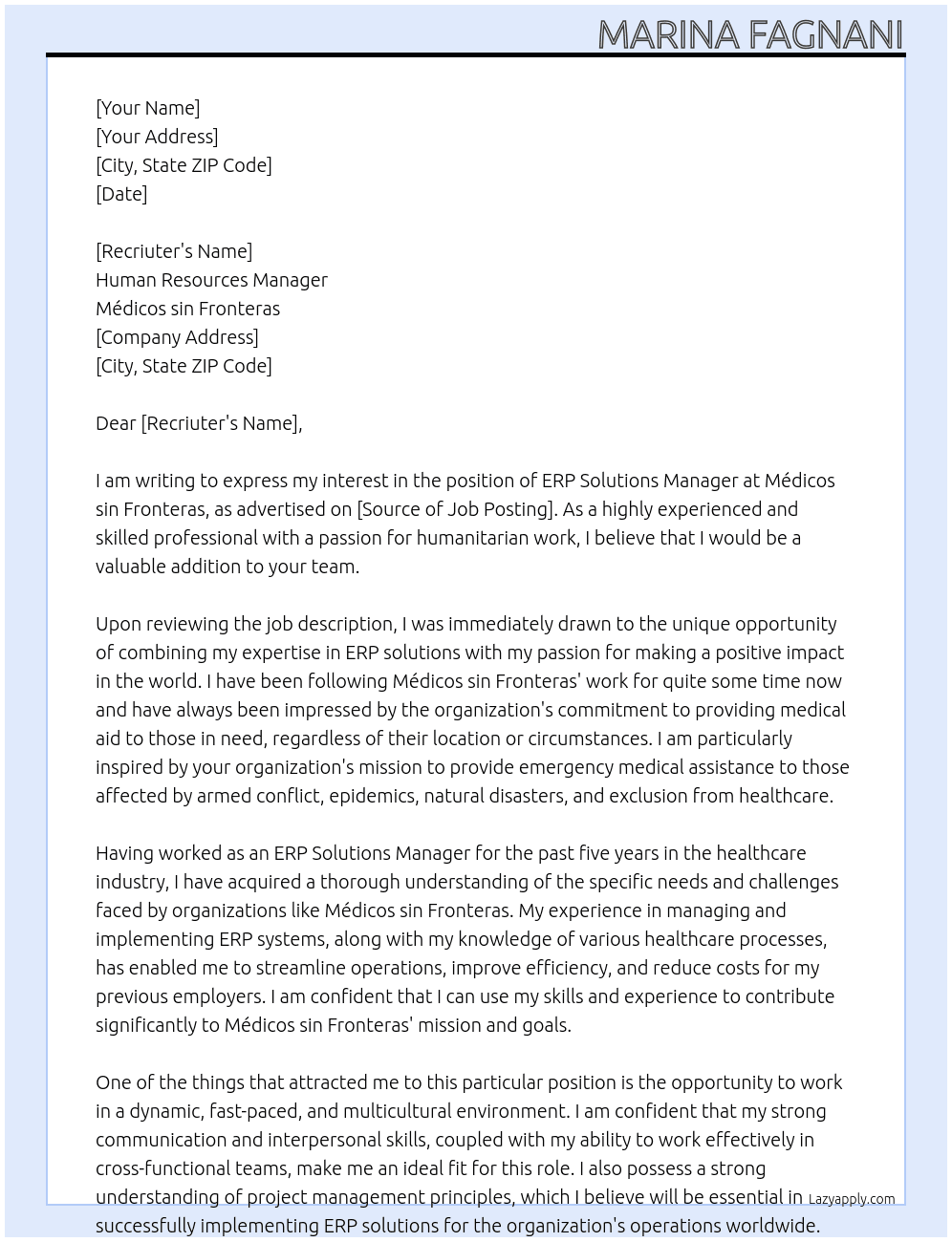 ERP SOLUTIONS MANAGER At Médicos sin Fronteras Cover Letter