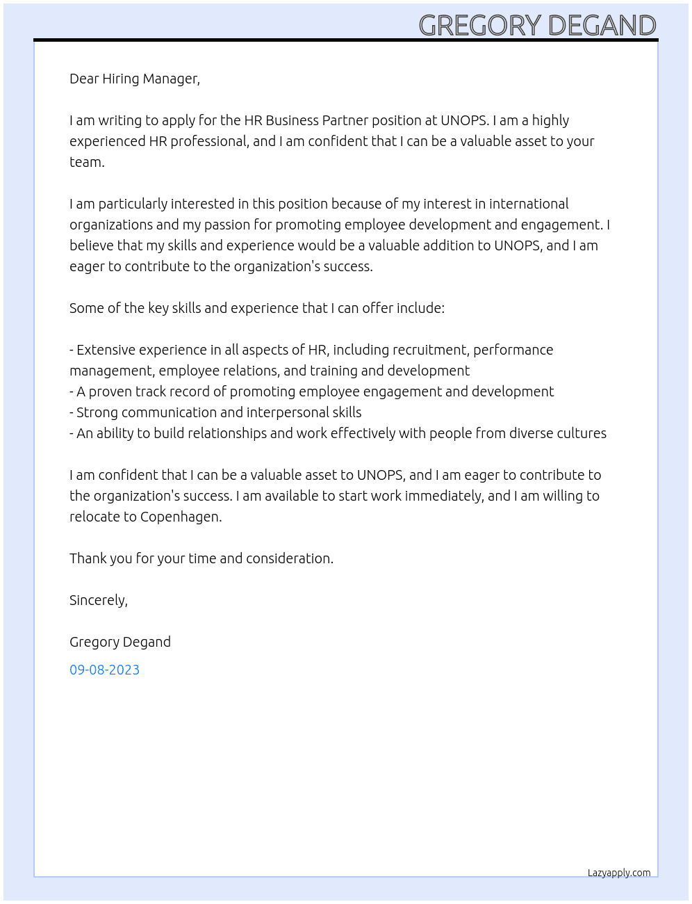 HR Business Partner At UNOPS Cover Letter