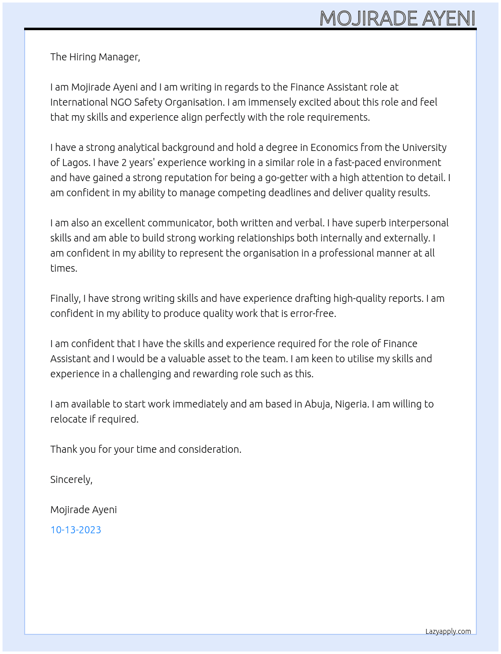 Finance Assistant At International NGO Safety Organisation Cover Letter