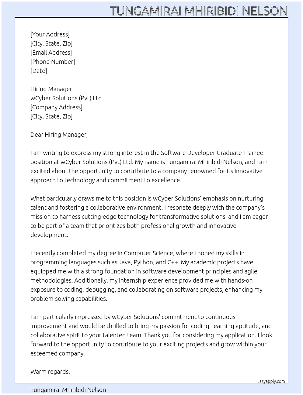 Cover letter for software developer graduate trainee - LazyApply