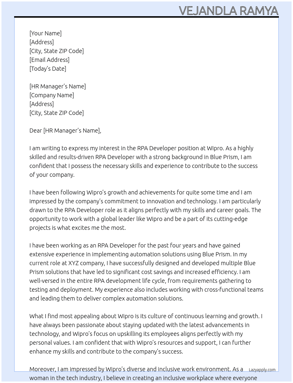 RPA Developer At Wipro Cover Letter