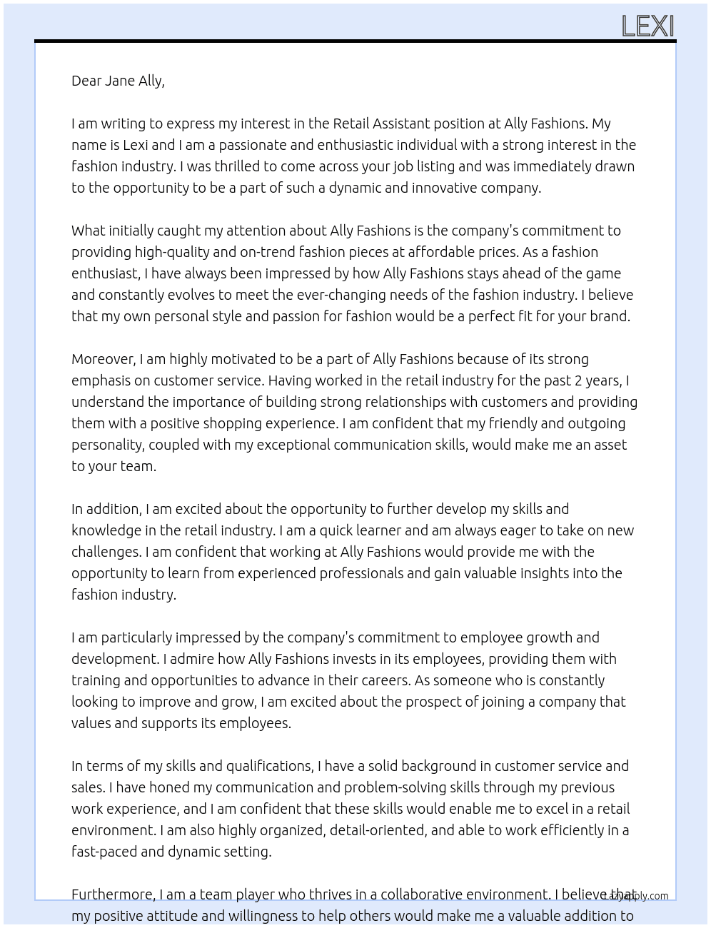 Retail Assistant At Ally Fashions Cover Letter