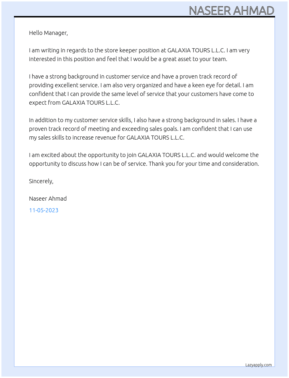 Store keeper  At GALAXIA TOURS L.L.C Cover Letter