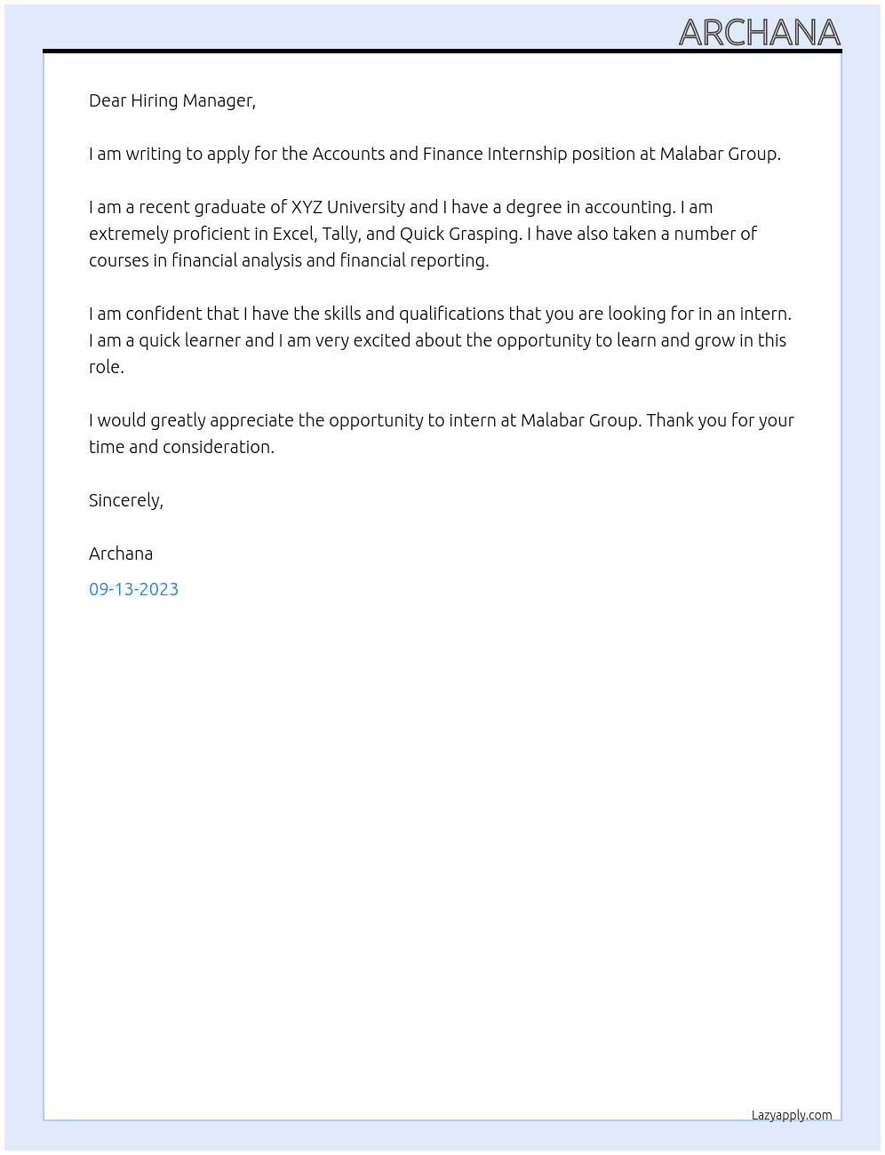 Accounts and Finance Internship At Malabar Group Cover Letter