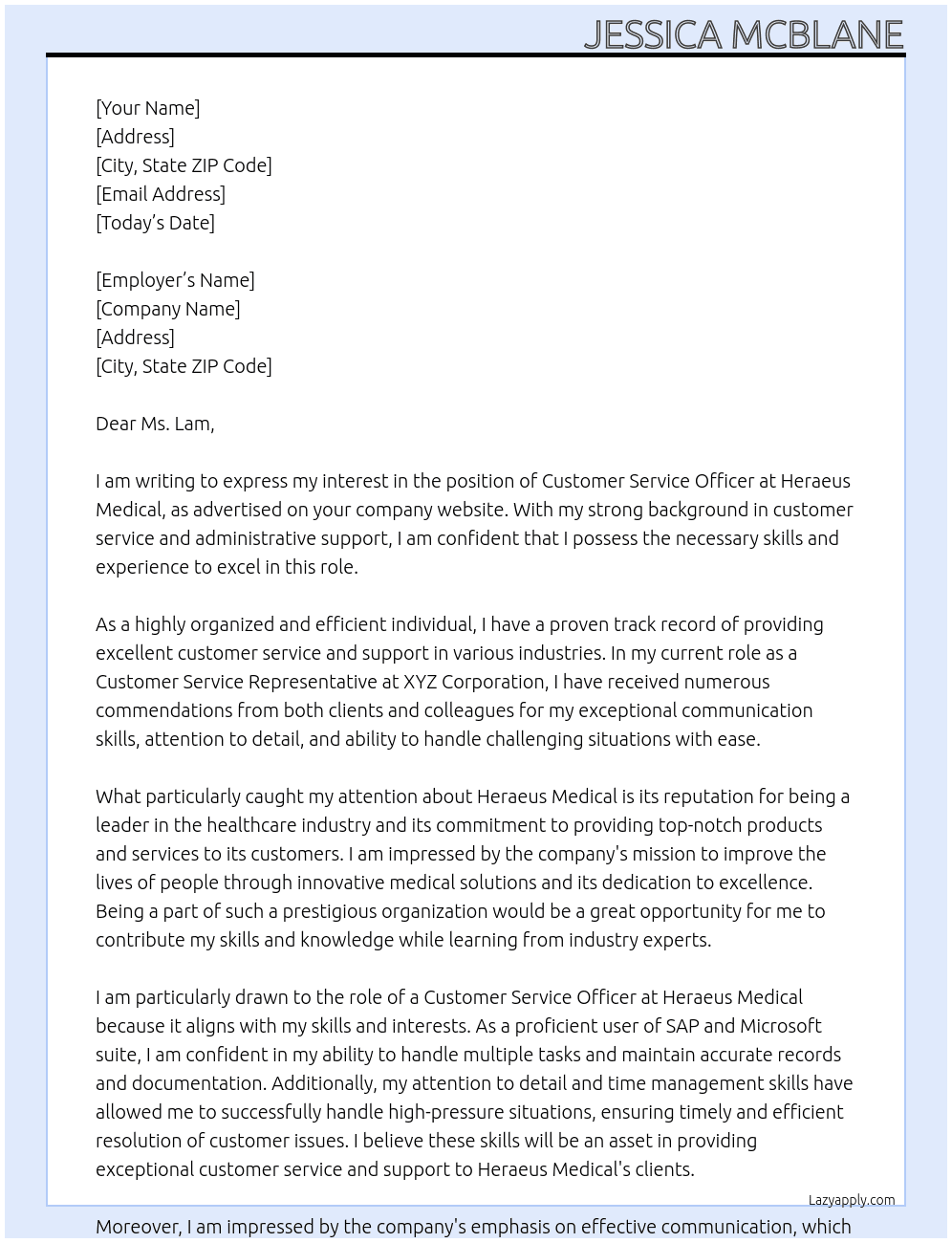 Customer Service Officer At Heraeus Medical Cover Letter
