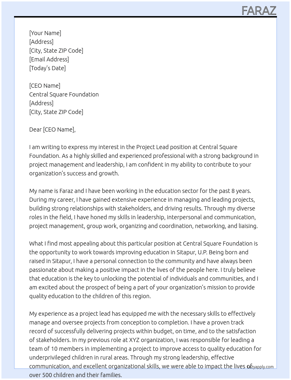project lead At Central Square Foundation Cover Letter