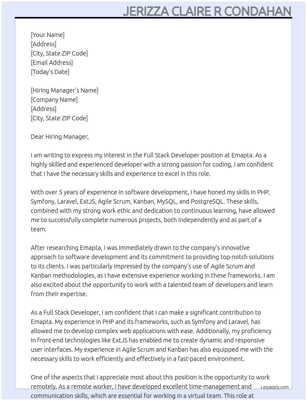 Full Stack Developer At Emapta Cover Letter