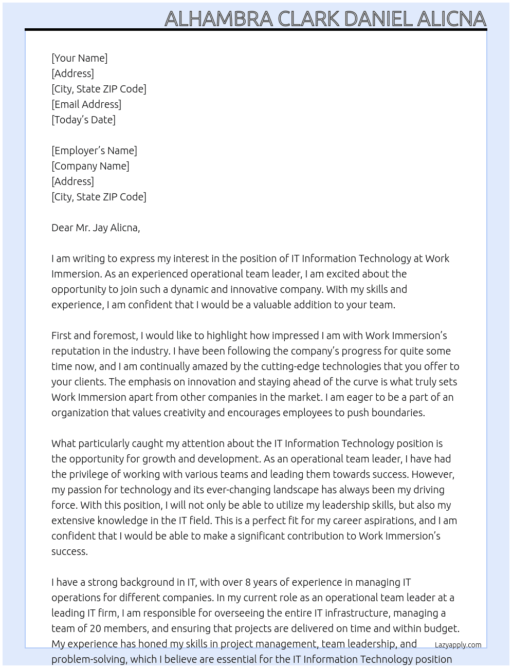 IT information technology At Work Immersion Cover Letter