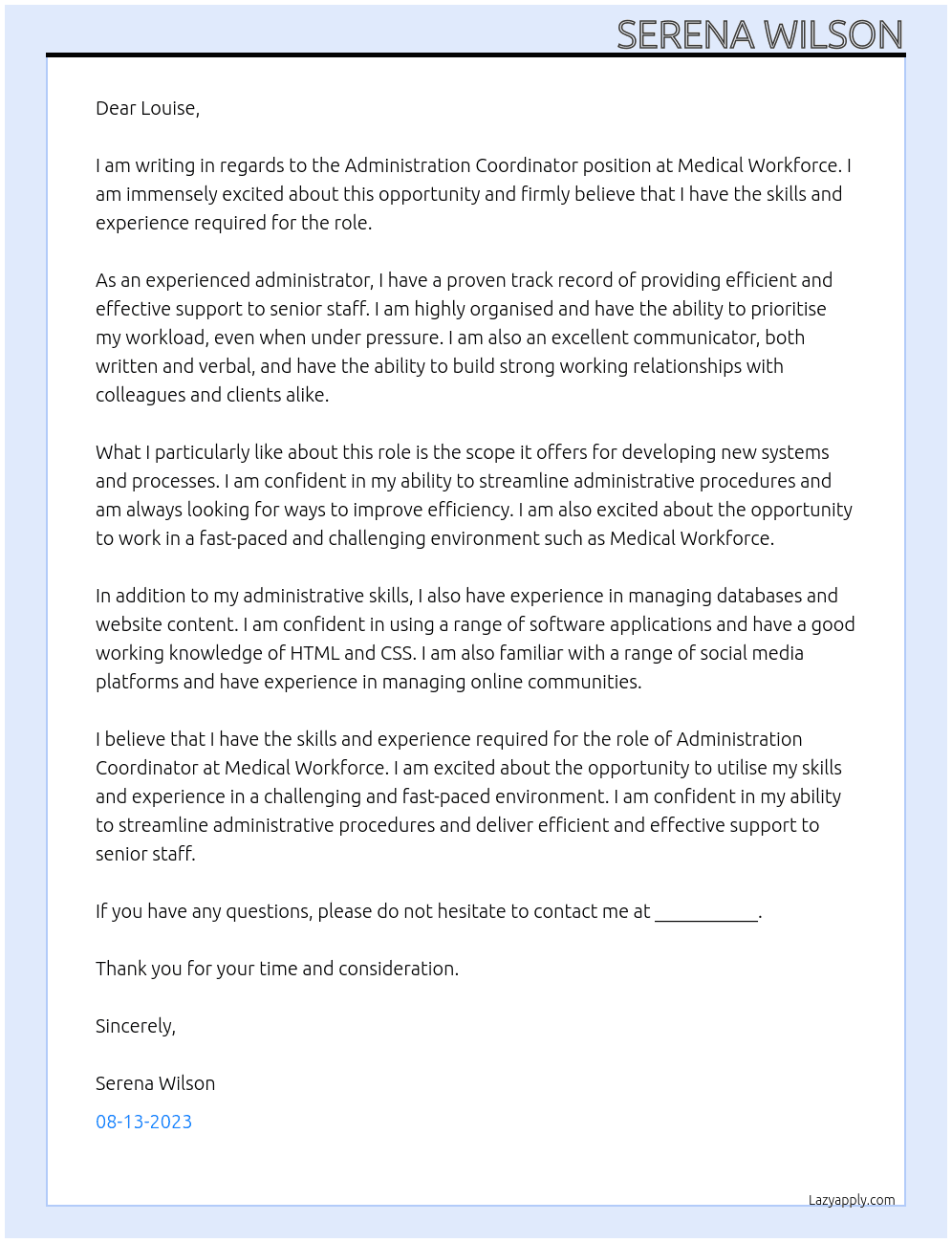 Administration Coordinator At Medical Workforce Cover Letter
