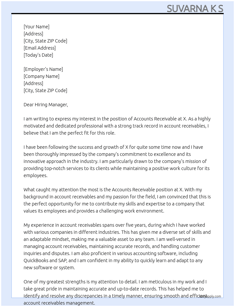 Accounts Receivable  At X Cover Letter