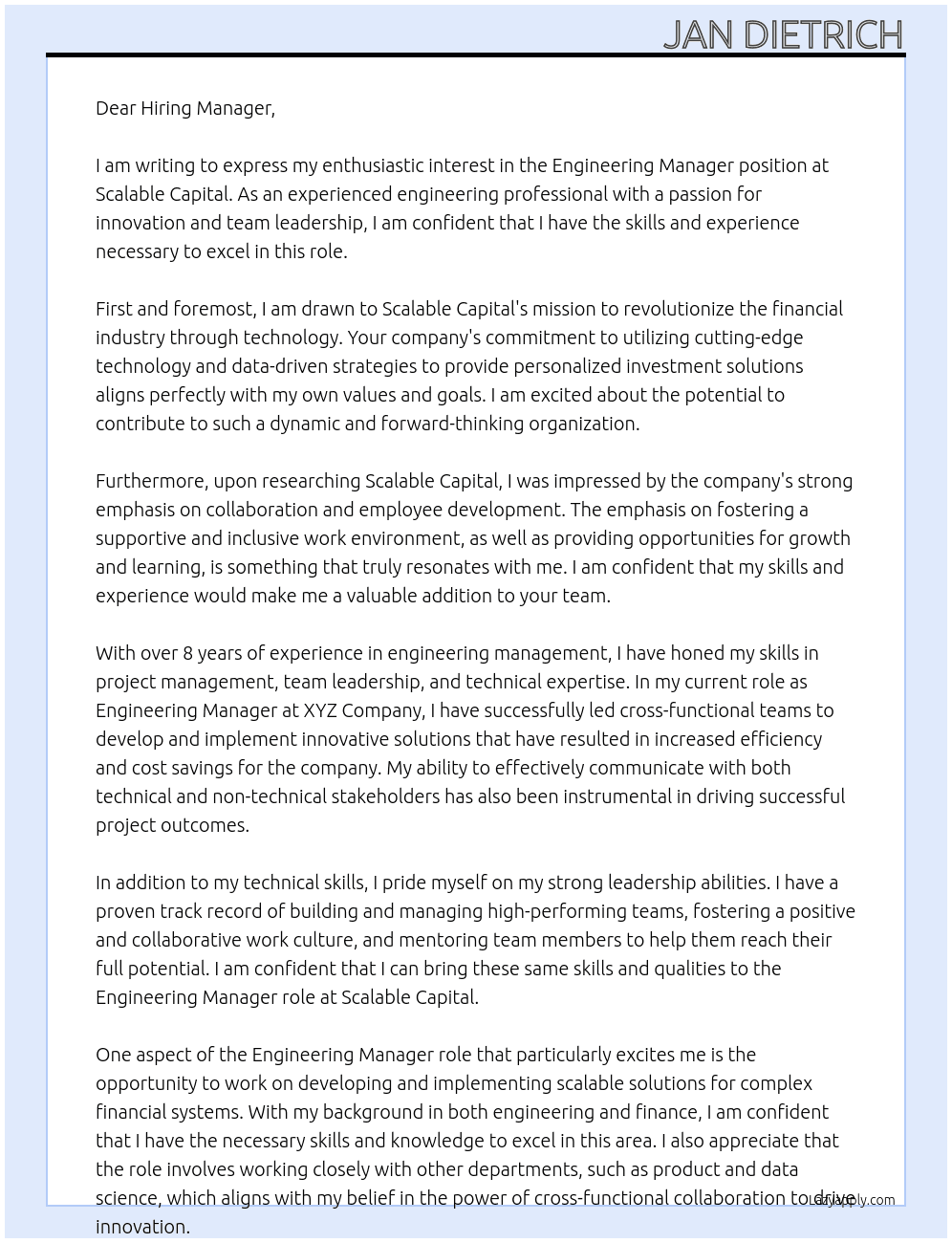 Engineering Manager At Scalable Capital  Cover Letter