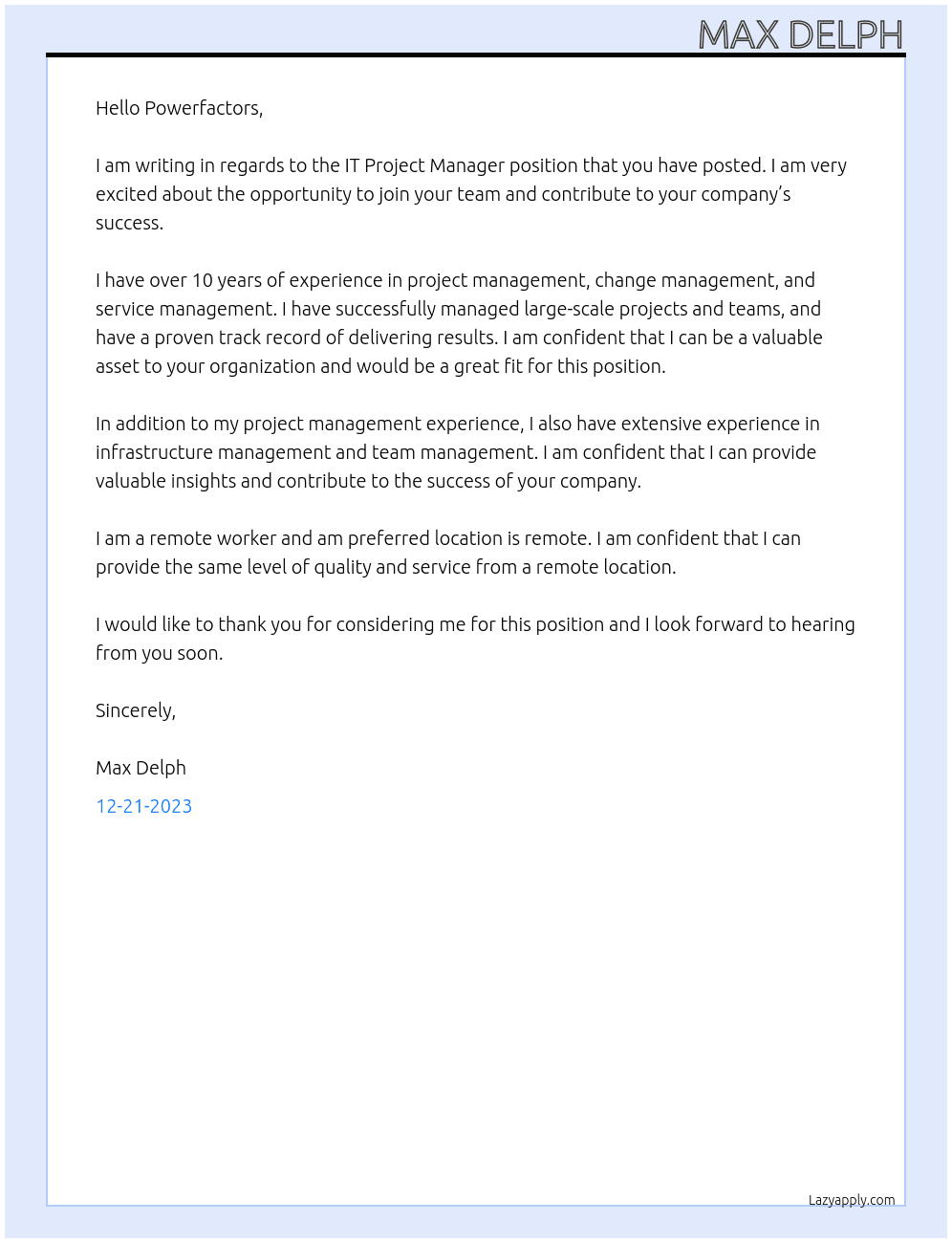 IT  Project Manager At Powerfactors  Cover Letter