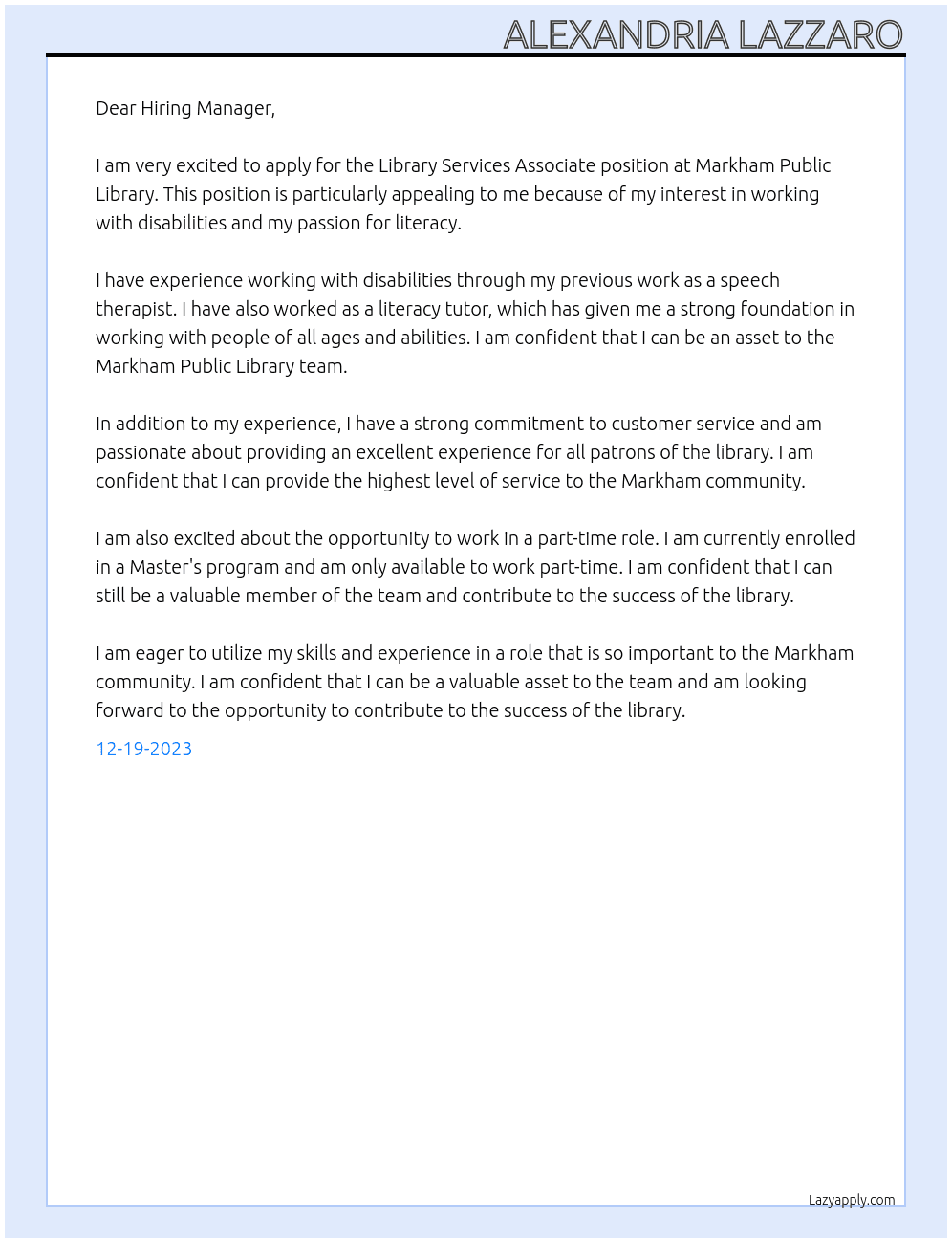 library services associate At Markham Public Library Cover Letter