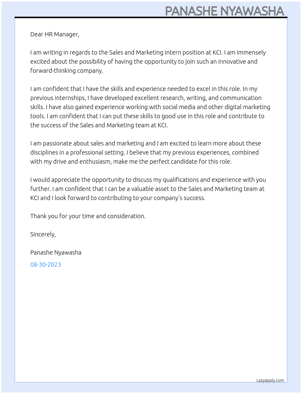 Sales and Marketing Intern At KCI  Cover Letter