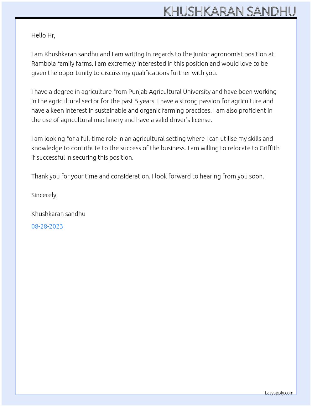 Junior agronomist  At Rambola family farms Cover Letter