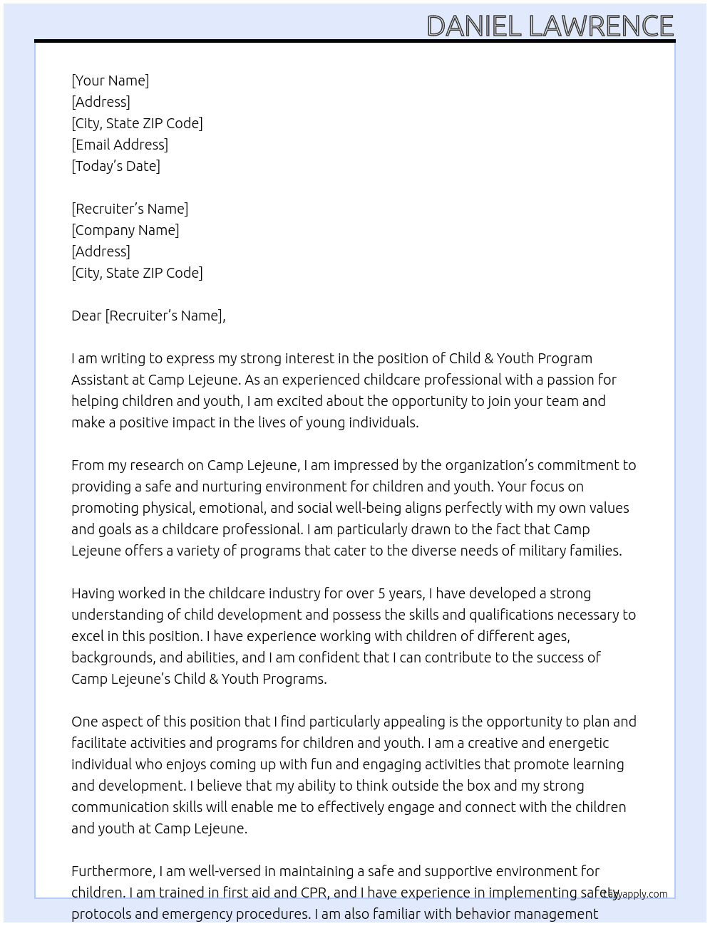 CHILD & YOUTH PROGRAM ASSISTANT At Camp Lejeune  Cover Letter