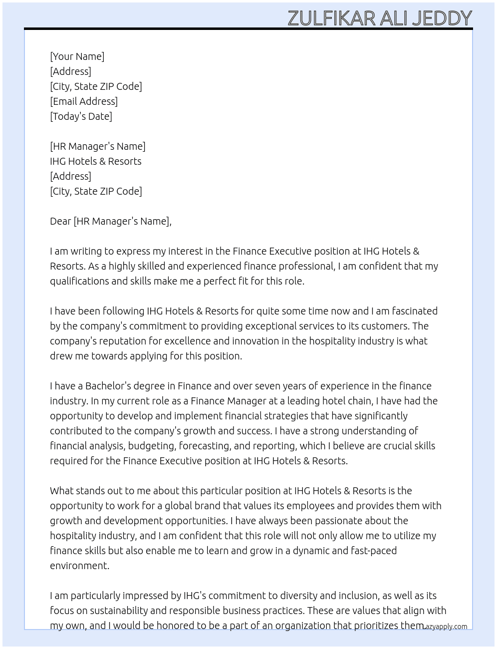 Finance Executive At IHG Hotels & Resorts Cover Letter