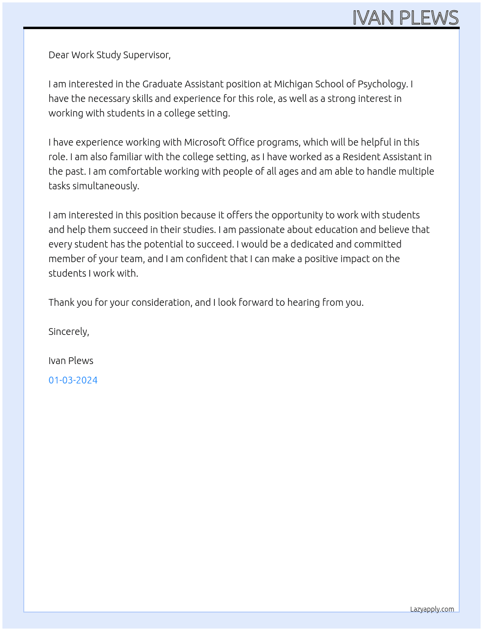 Graduate Assistant At Michigan School of Psychology Cover Letter