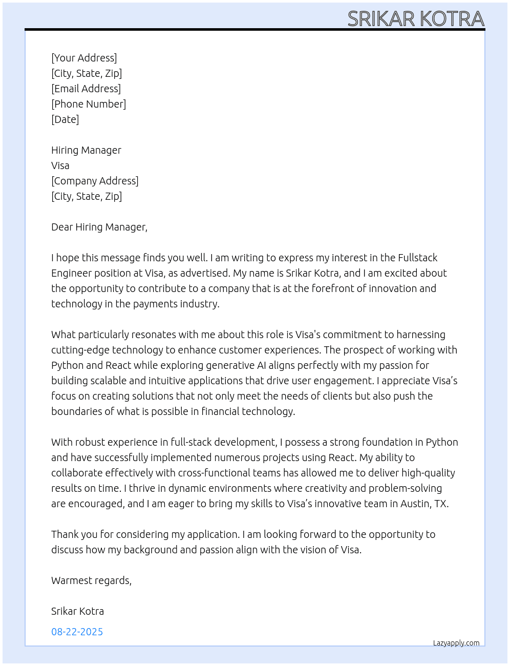 Staff Fullstack Engineer (Python, React, GenAI) At Visa Cover Letter