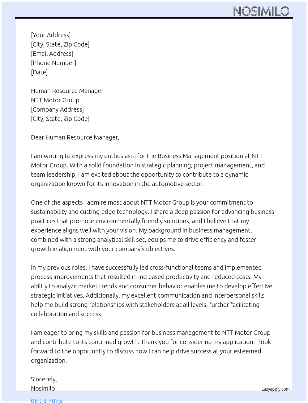 Business management  At NTT Motor Group  Cover Letter