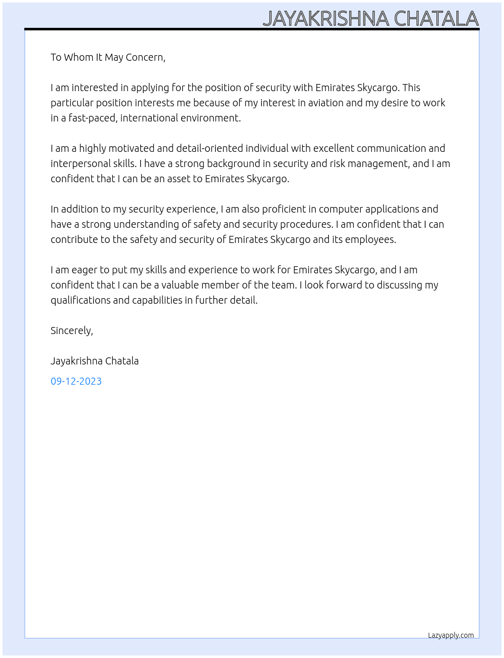 security  At emirates skycargo Cover Letter