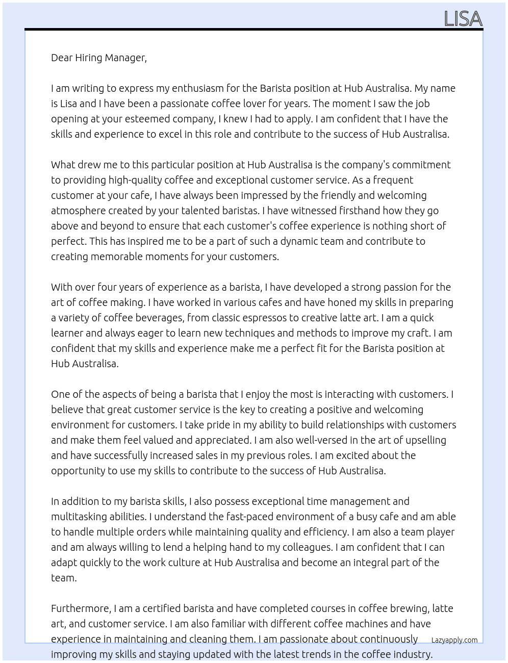 Barista At hub australisa Cover Letter