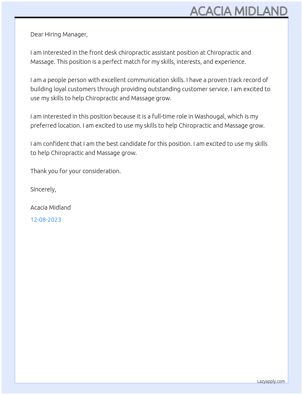 Front desk chiropractic assistant  At Chiropractic and massage  Cover Letter