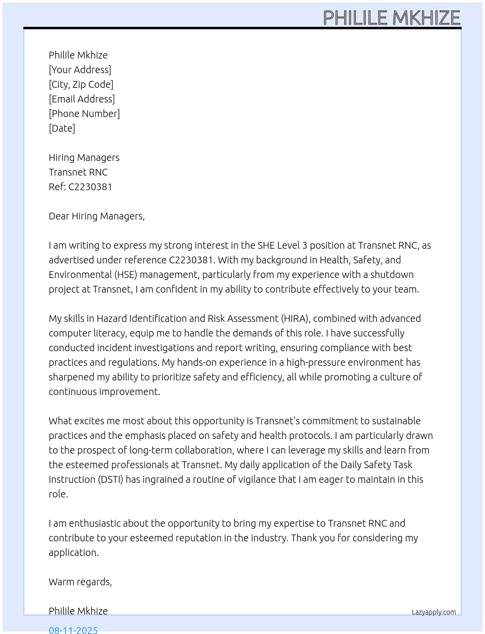 SHE Level 3 At Transnet RNC Cover Letter