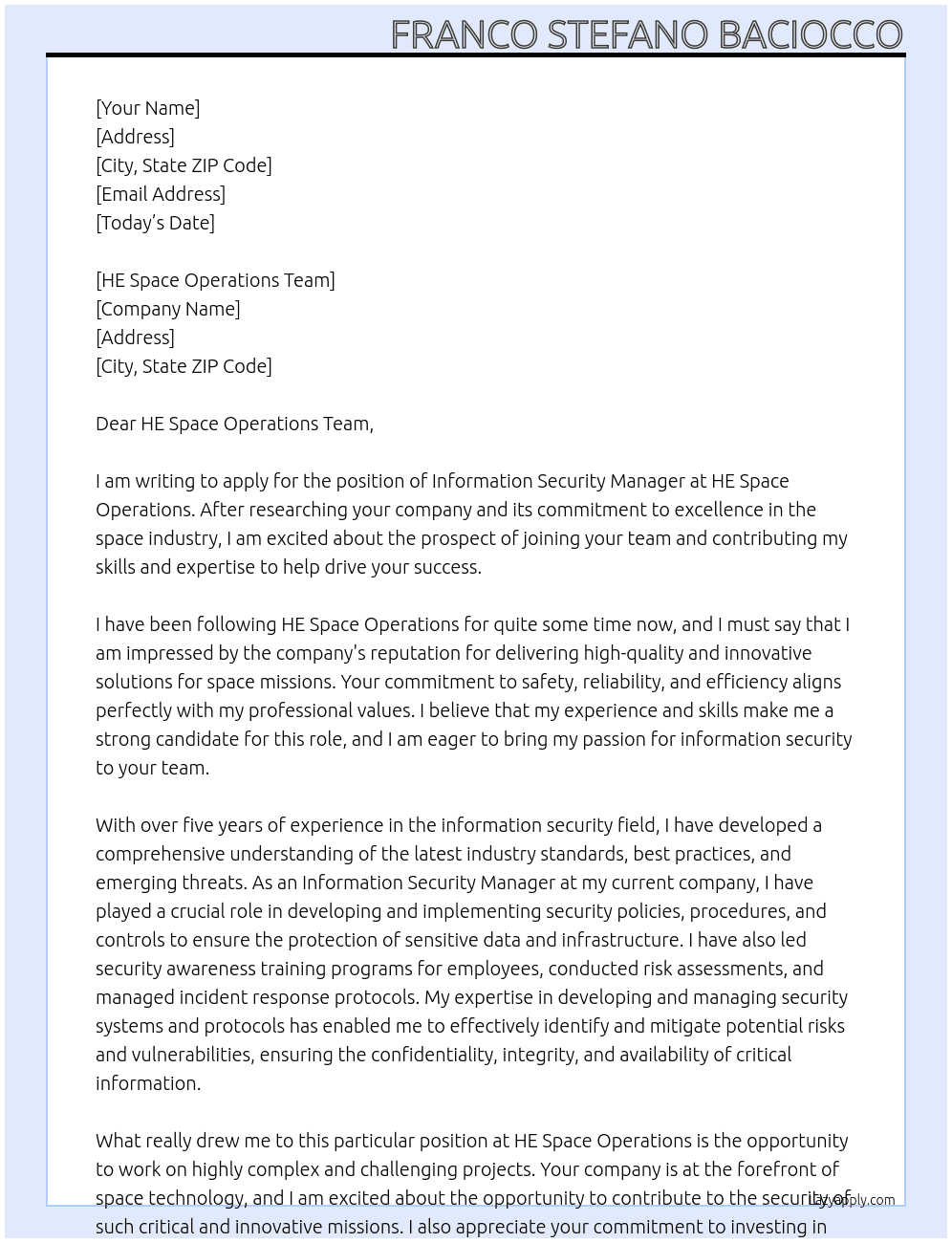 Information Security Manager At HE Space Operations Cover Letter