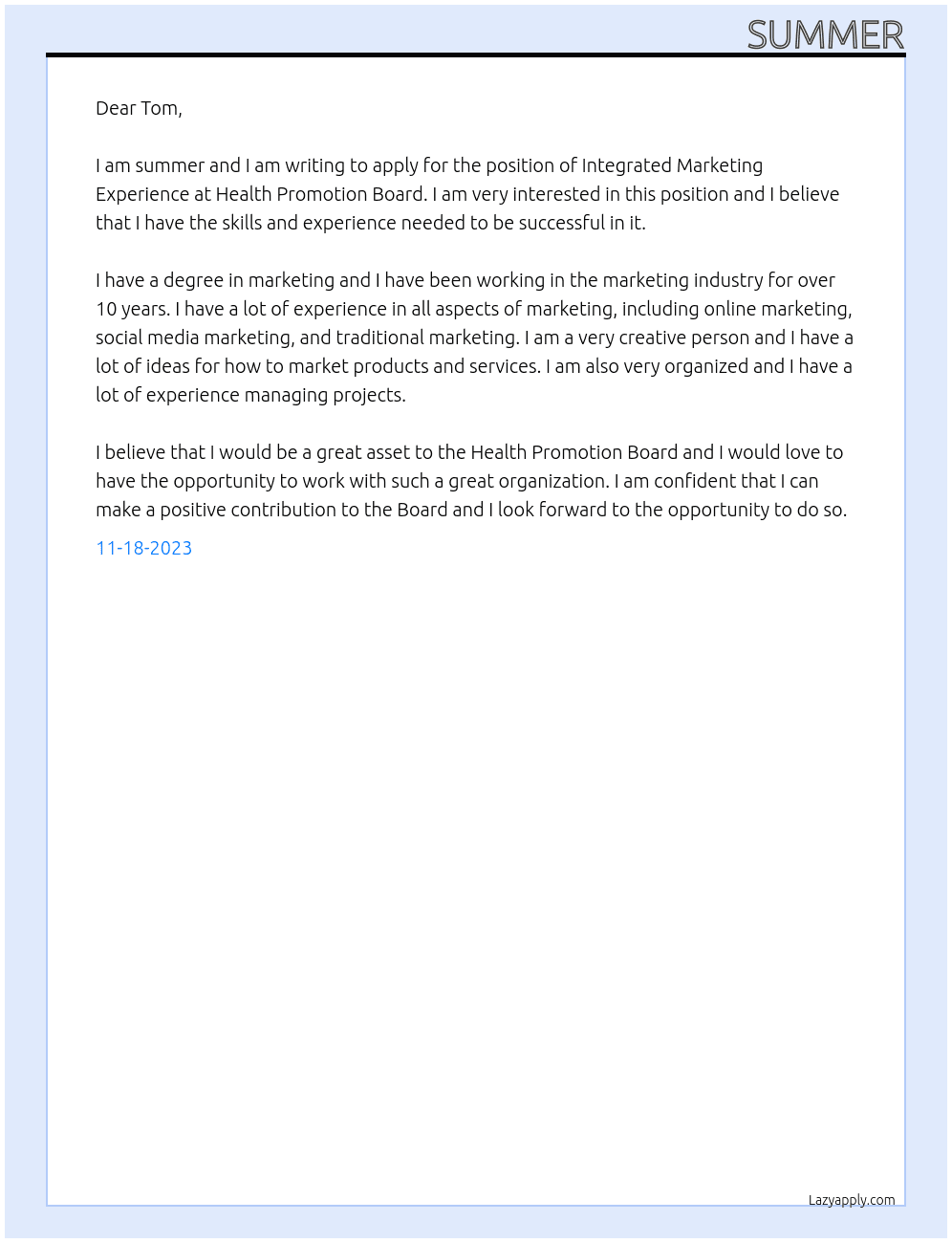 Integrated Marketing Experience At Health Promotion Board Cover Letter