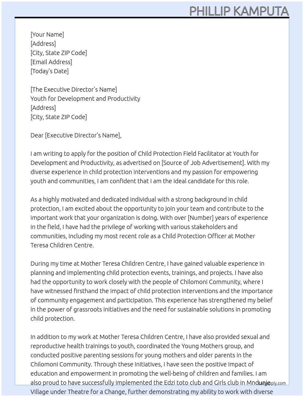 CHILD PROTECTION FIELD FACILITATOR  At Youth for Development and productivity Cover Letter