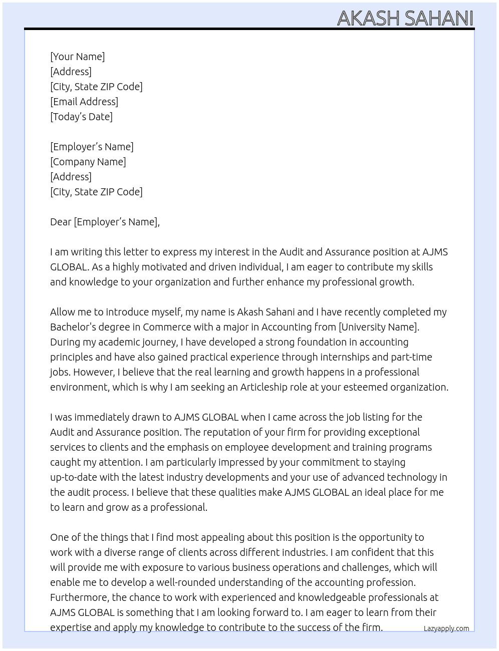 Audit and Assurance  At AJMS GLOBAL  Cover Letter