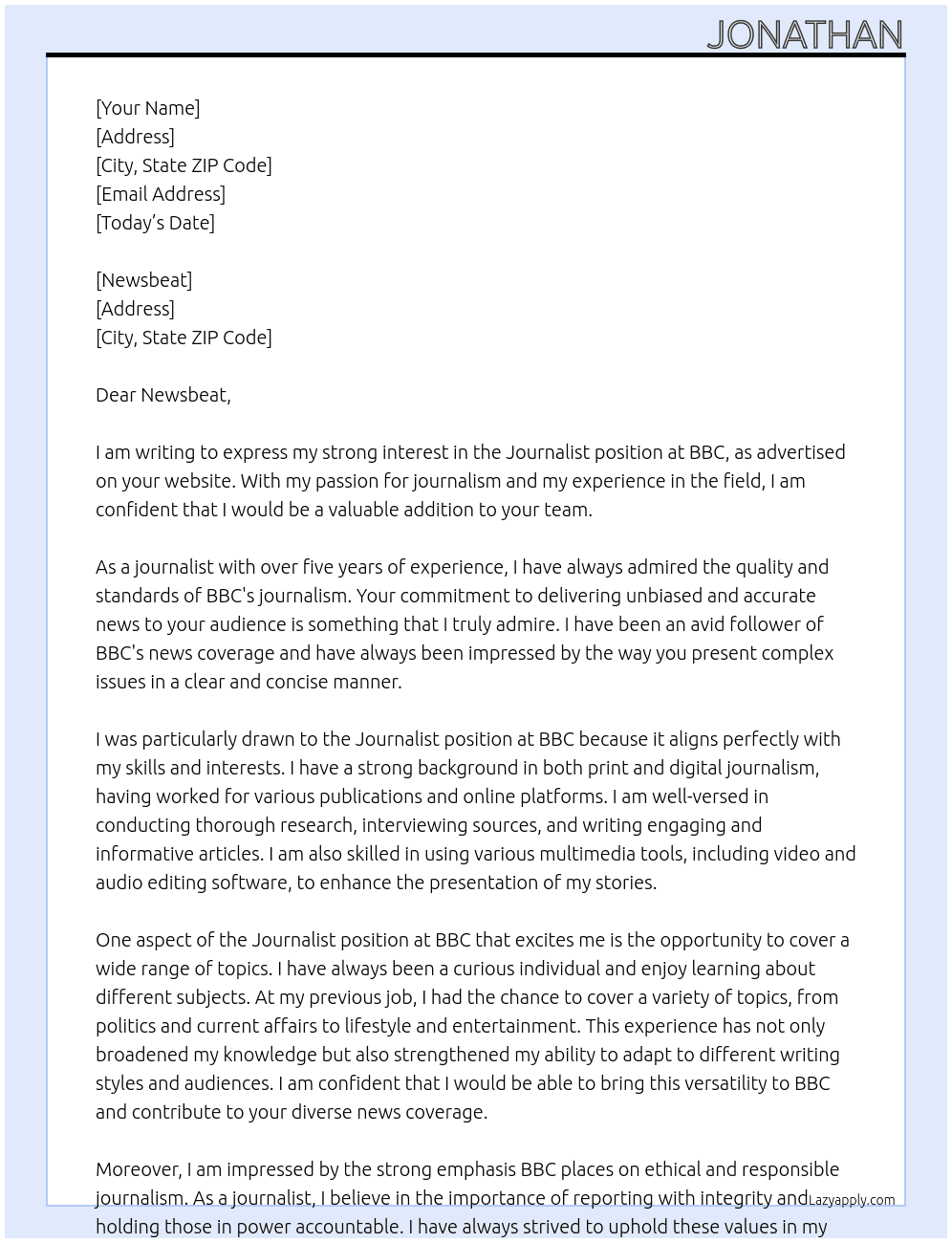 Journalist At bbc  Cover Letter