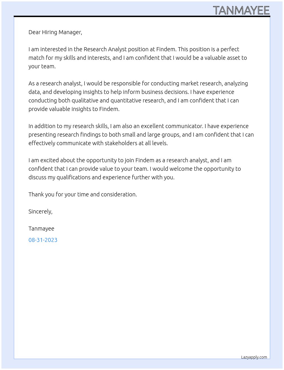 Research Analyst At Findem Cover Letter