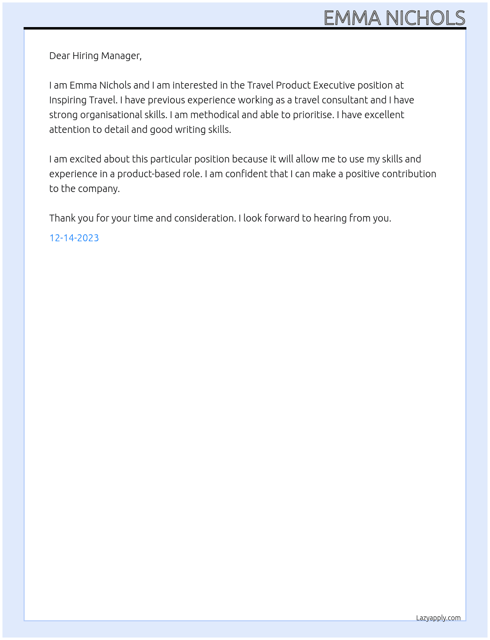Travel product Executive At Inspiring Travel Cover Letter