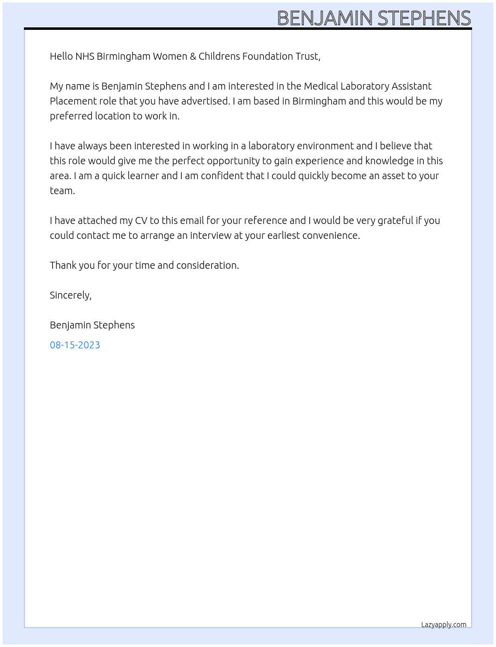 Medical Laboratory Assistant Placement At NHS Birmingham Women & Childrens Foundation Trust Cover Letter