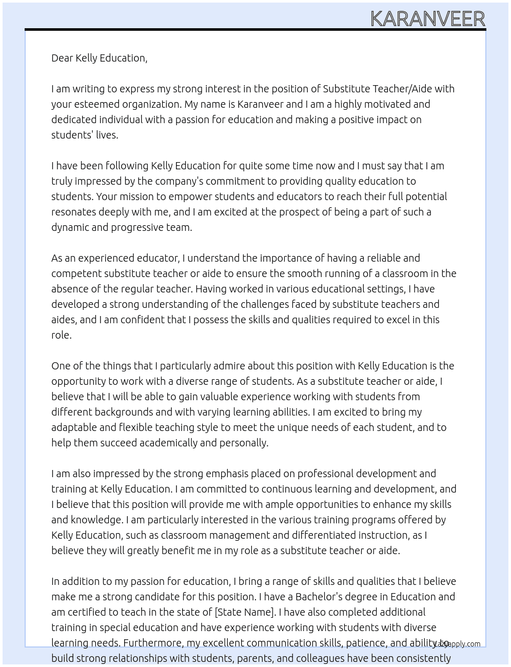 Substitute Teachers / Aides At Kelly Education Cover Letter