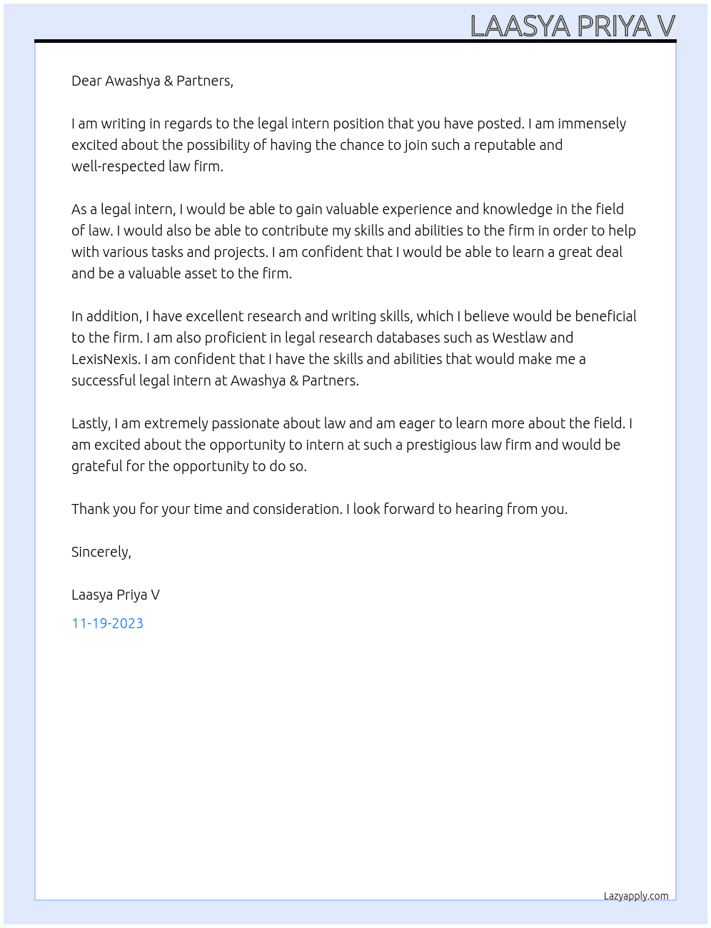 Legal intern At Awashya & Partners Cover Letter