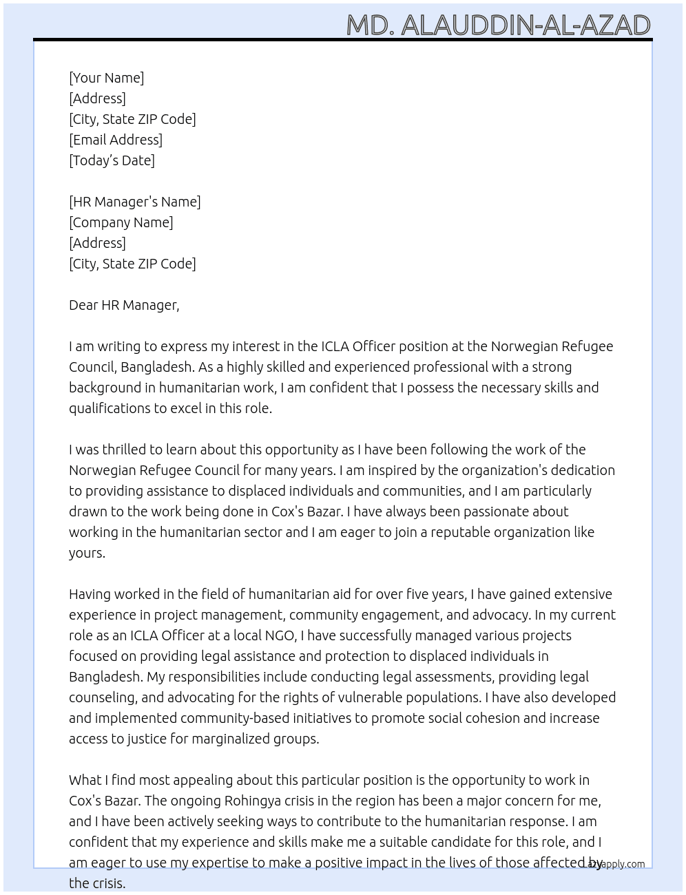 ICLA Officer Bangladesh Cox's Bazar At Norwegian Refugee Council, Bangladesh Cover Letter