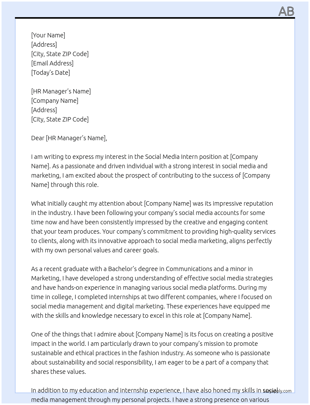 social media intern At llc Cover Letter