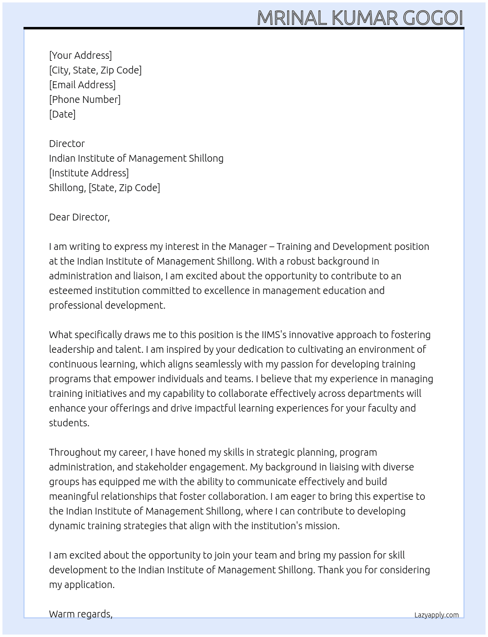 Manager – Training and Development At indian institute of Management Shillong Cover Letter