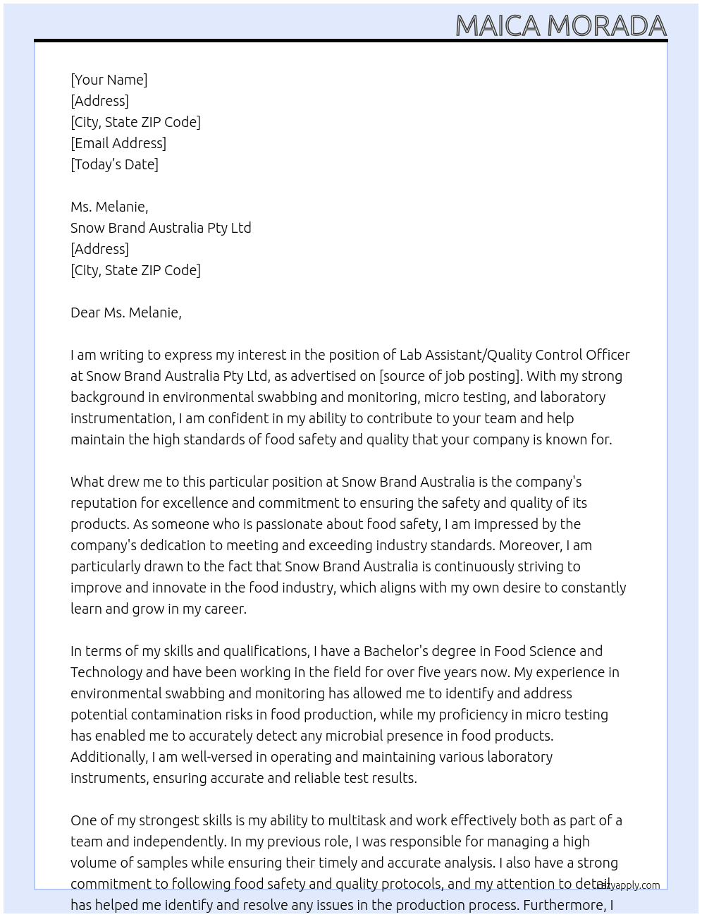 Lab Assistant/Quality Control Officer At Snow Brand Australia Pty Ltd Cover Letter