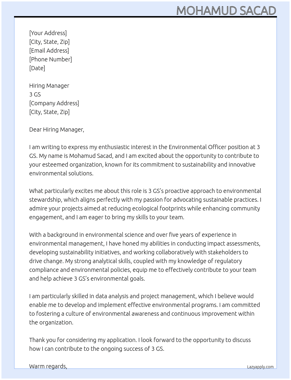 Enviromental officer At 3gs Cover Letter