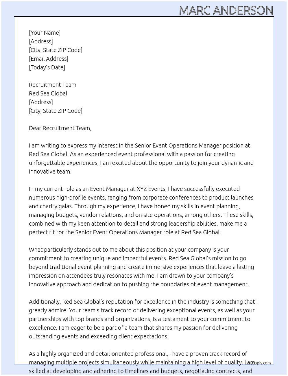 SENIOR EVENT OPERATIONS MANAGER At RED SEA GLOBAL Cover Letter