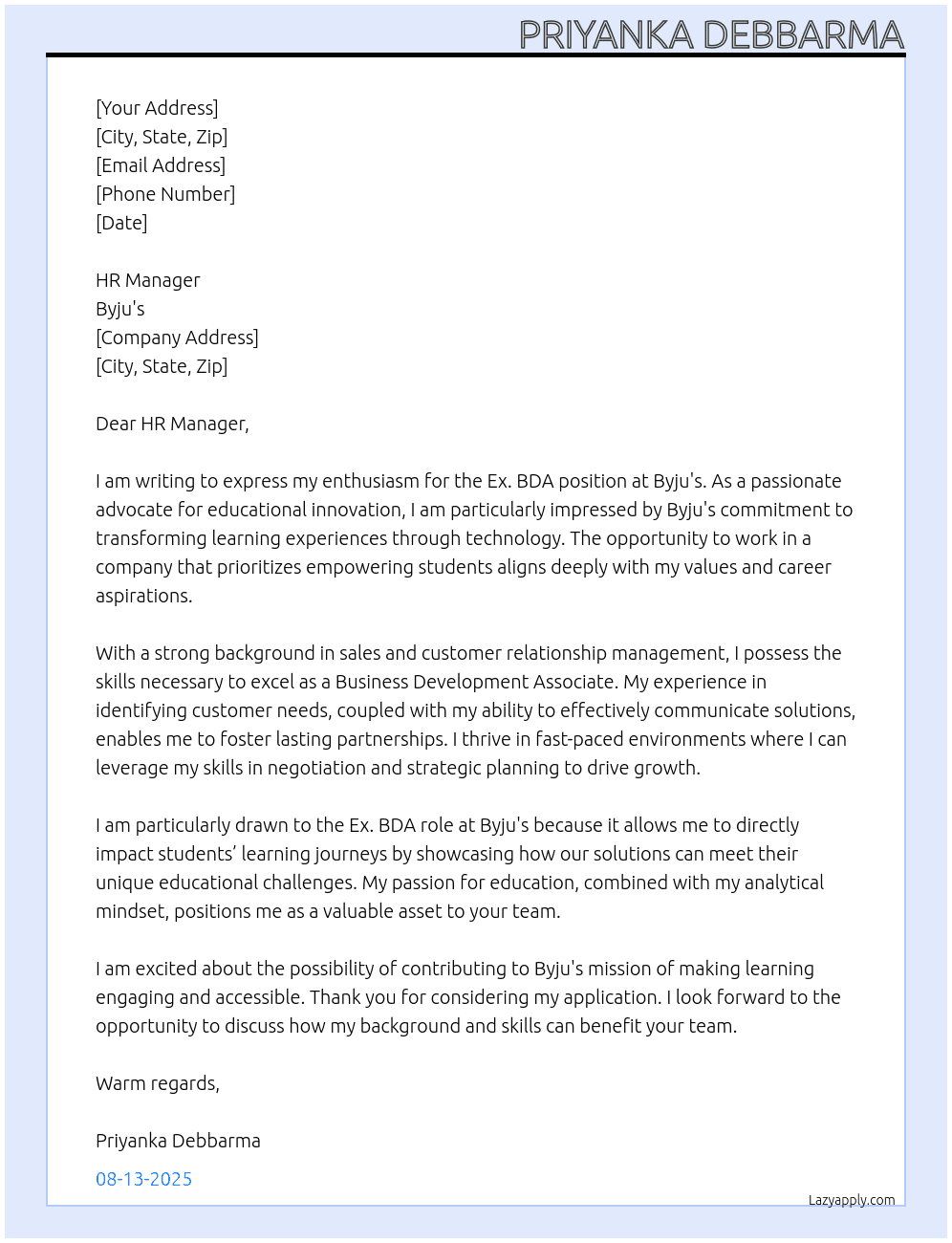 Ex. BDA At Byju's Cover Letter