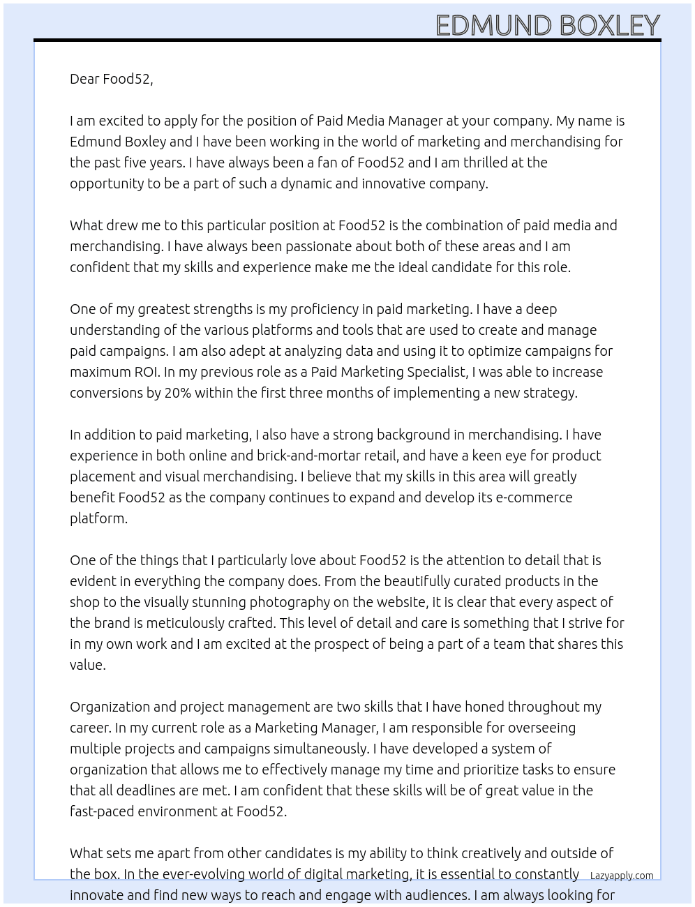 Paid Media Manager At Food52 Cover Letter