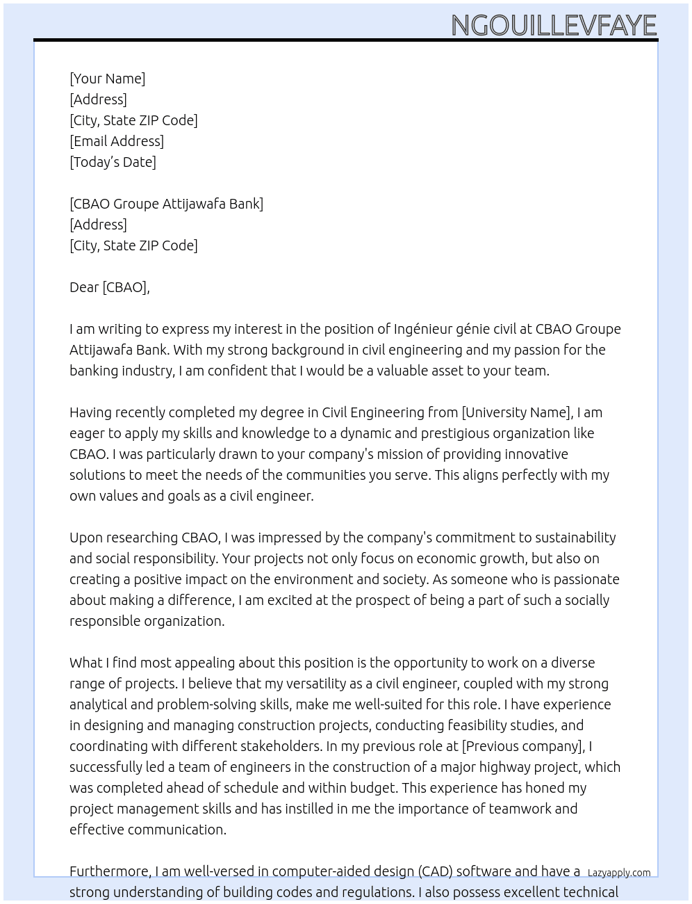 Ingénieur génie civil  At CBAO Groupe Attijawafa Bank Cover Letter