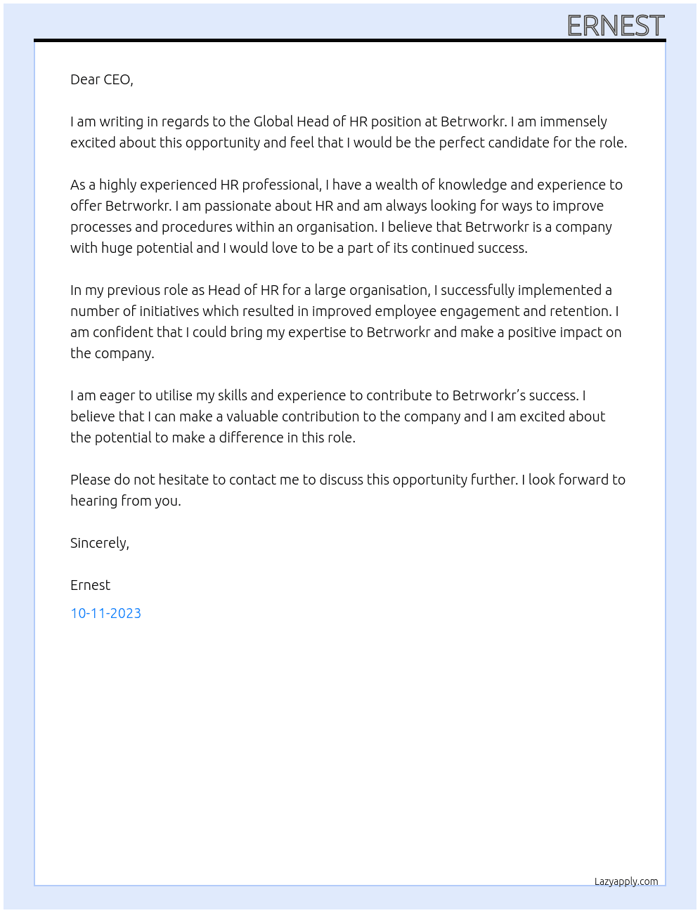 Global head of hr At Betrworkr Cover Letter