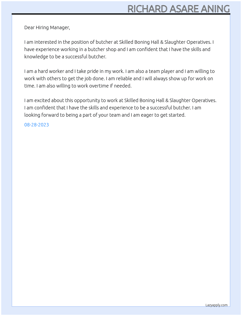 BUTCHER At Skilled Boning Hall & Slaughter Operatives Cover Letter