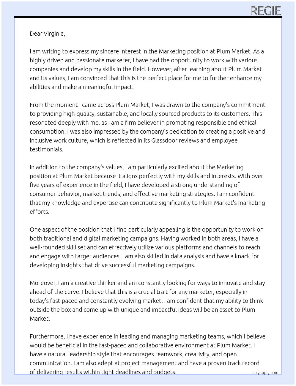 Marketing  At Plum market Cover Letter